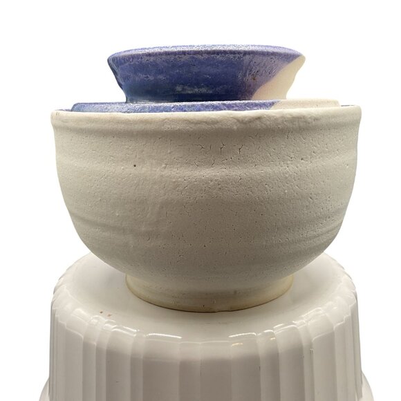 Handmade Ceramic Bowl With Lid - Two-Tone Blue & White Glaze 4.5"H x 5.75"D - Picture 4 of 6